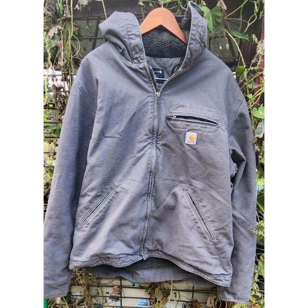Vintage Carhartt Men's Sierra Jacket J4393 Gray Washed Duck Sherpa Lined Large L